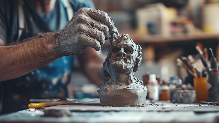 An artist sculpting a bust.
