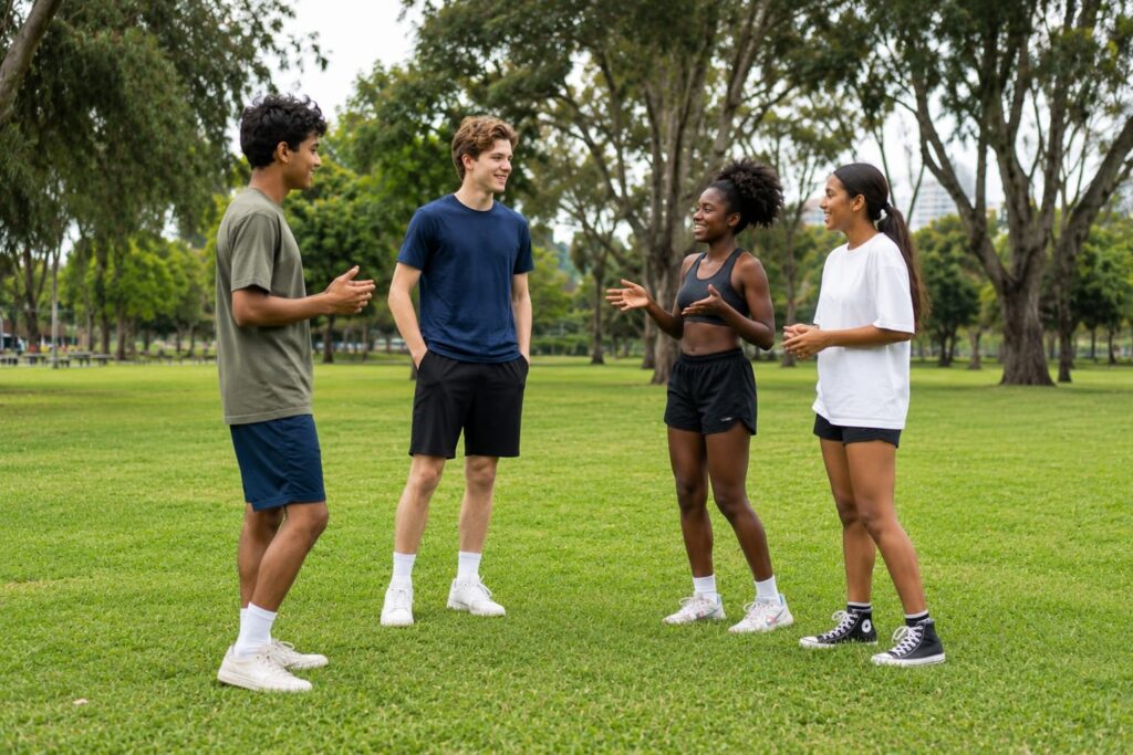 Teenagers chatting playfully.